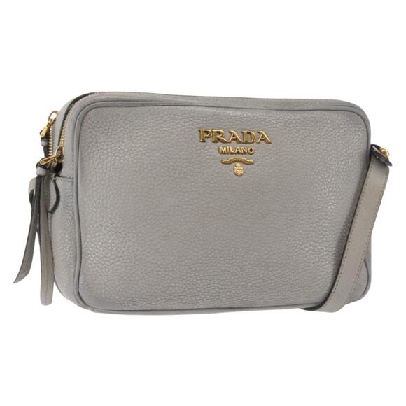 PRADA Shoulder Bag Leather Gray Gold - Picture 1 of 13